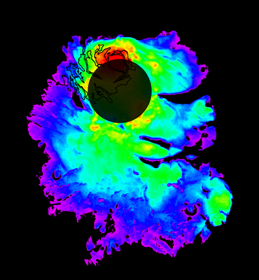 Tykkelsen af is under mars sydpol. Kilde: NASA/JPL/ASI/ESA/Univ. of Rome/MOLA Science Team/USGS